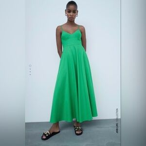 Zara - Vibrant Green Maxi Poplin Dress with Structured Corset Top and Pockets